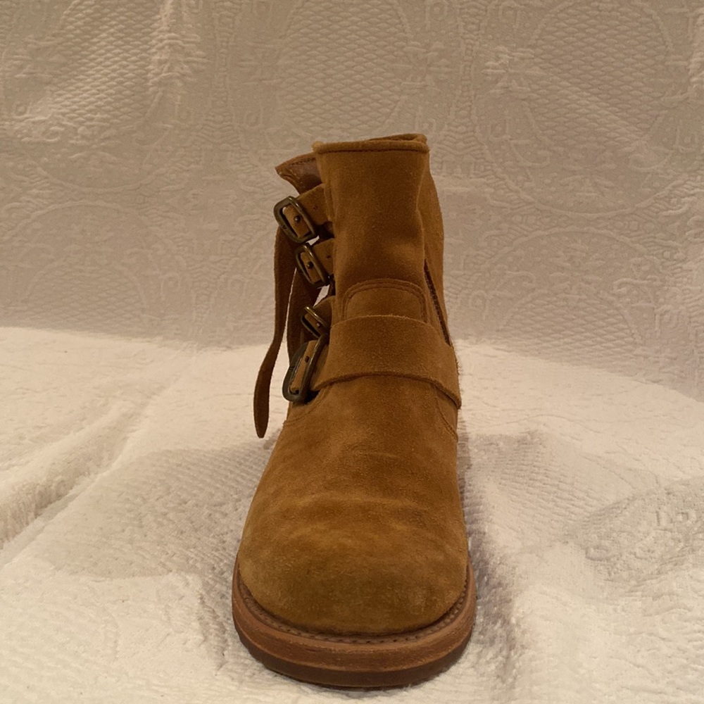 FRYE | Veronica Buckle Strap Suede Short Ankle Biker Moto Boots in ‘Brandy’ - Picture 16 of 17